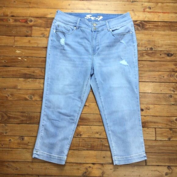 SEVEN 7 tummyless pedal pusher pants powder blue jeans crop distressed denim 14W - Picture 4 of 12